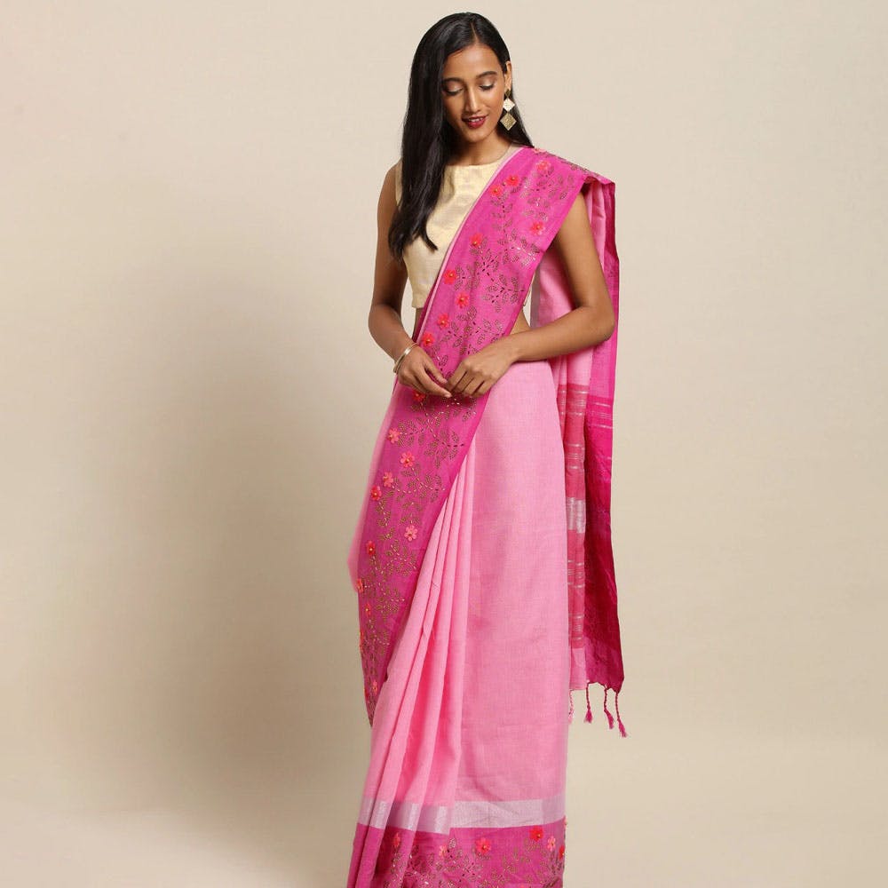 Pink South Indian Linen Blend Embellished Flower Work Saree