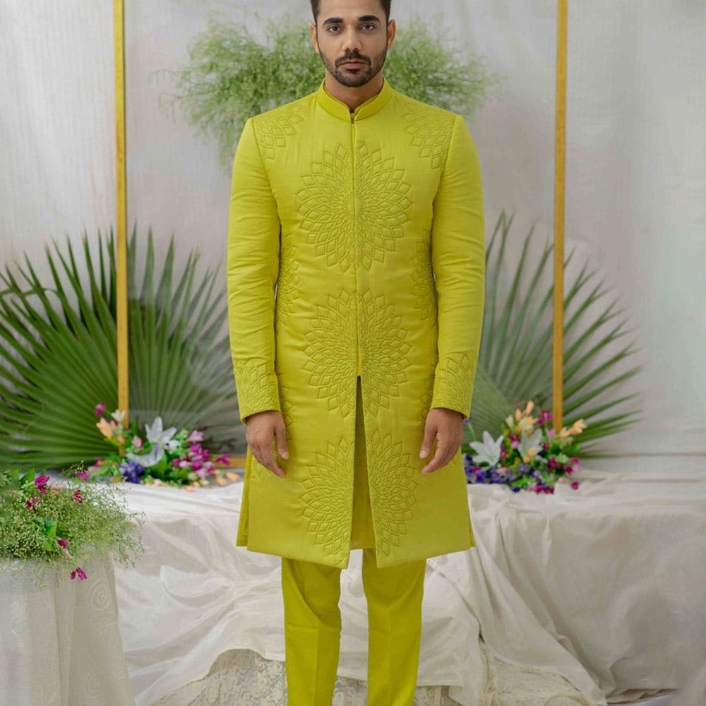 Yuvaan Fresh Green Quilted & Embroidered Sherwani Set