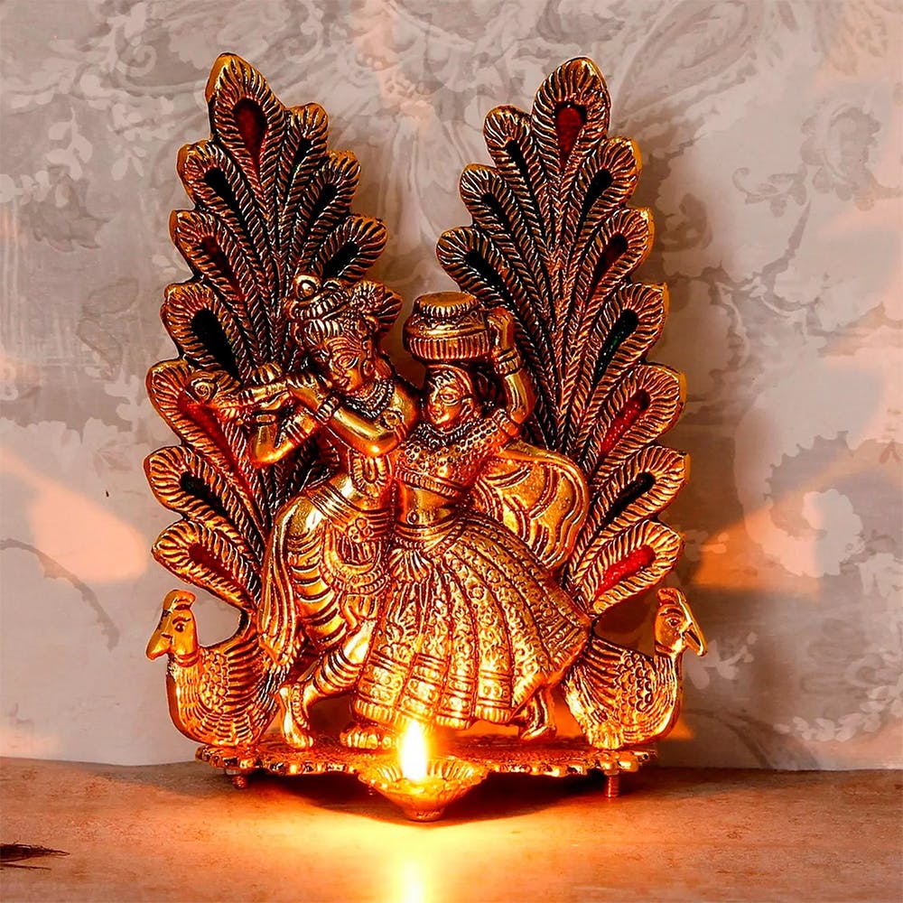 Golden Radha Krishna Idol Metal Decorative Showpiece with Diya