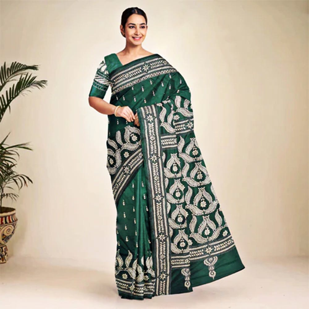 Bengal Kantha Embroidery Handloom Bangalore Silk Saree