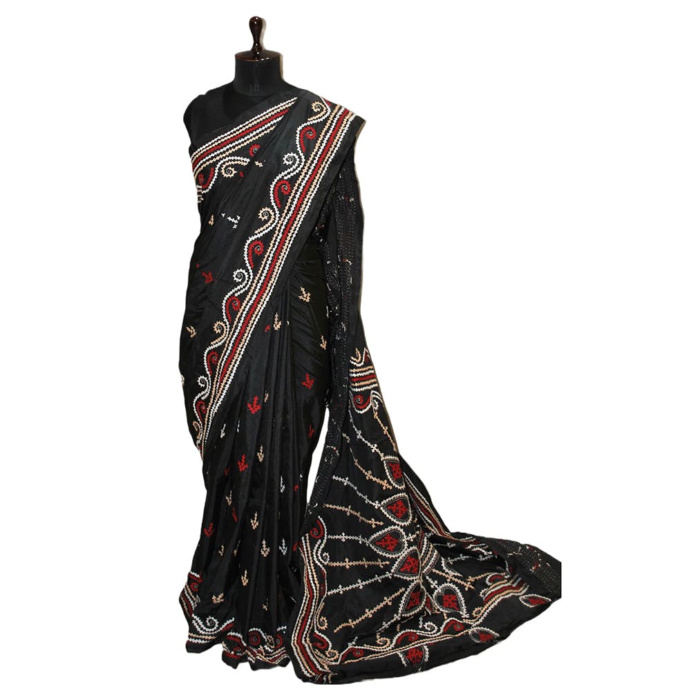 Hand Embroidery Blended Silk Kantha Work Saree in Black and Multicolored Thread Work