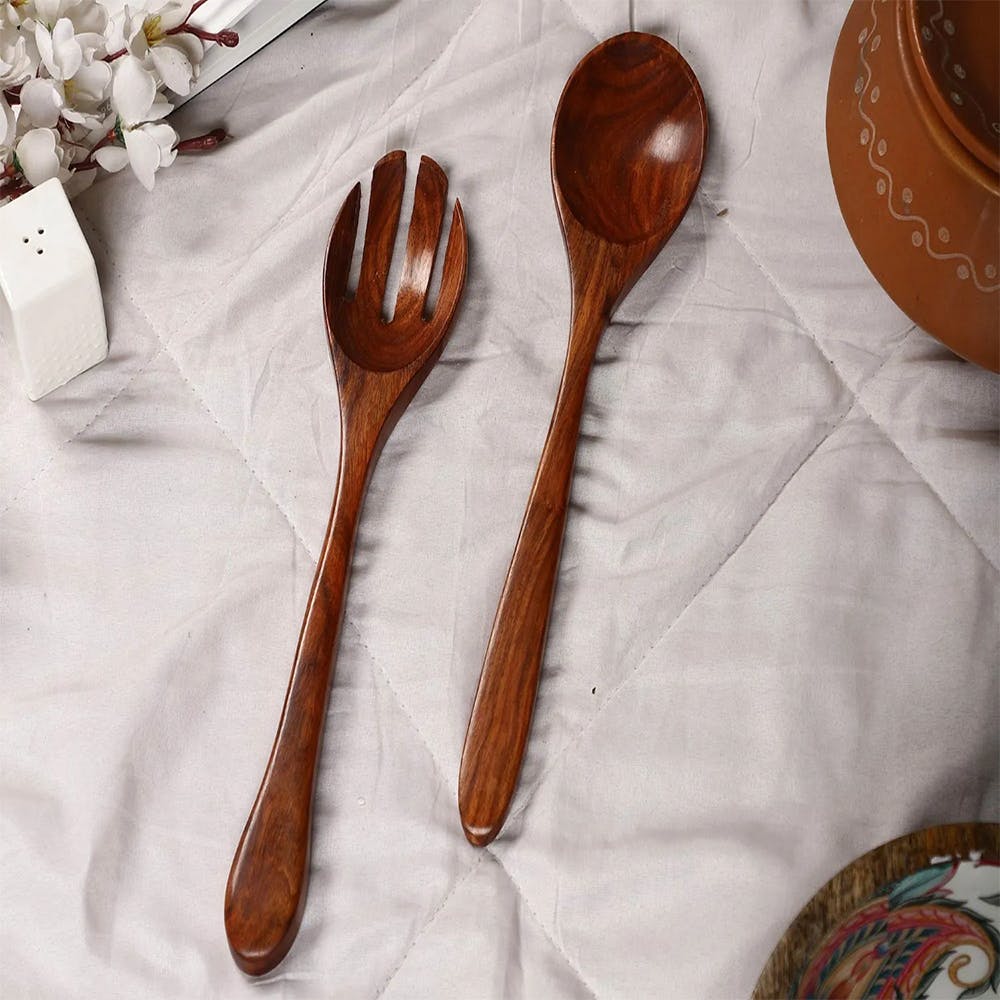 Handcrafted Wooden Serving Spoon & Fork- Set of 2