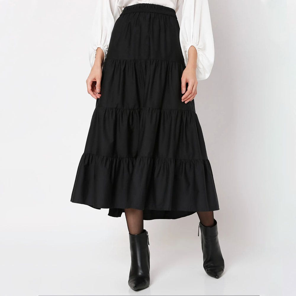Women Solid Black Tiered Casual Skirt
