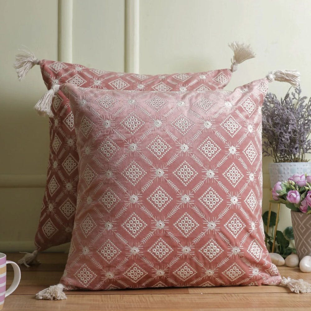 Super Soft Pink Color Set Of 2 Embroidered Cushion Cover-18X18 Inch