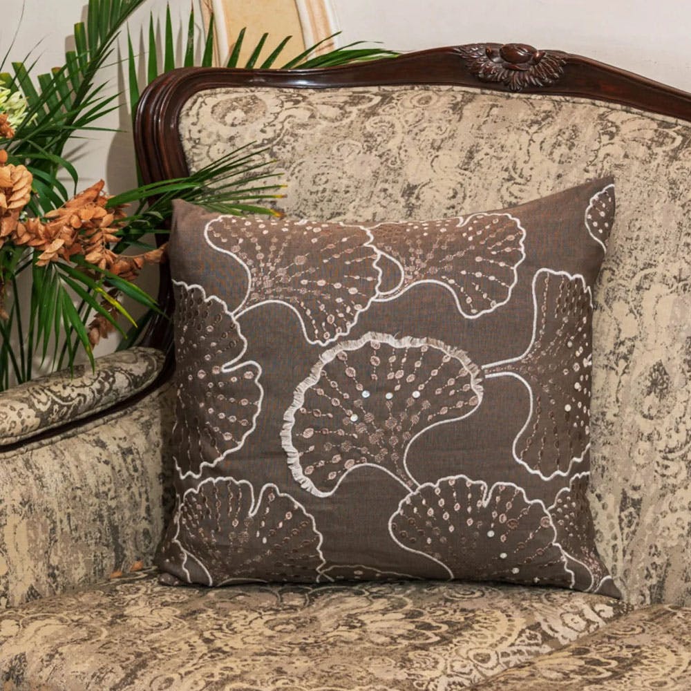 Brown Color Cotton Embroidered Cushion Cover