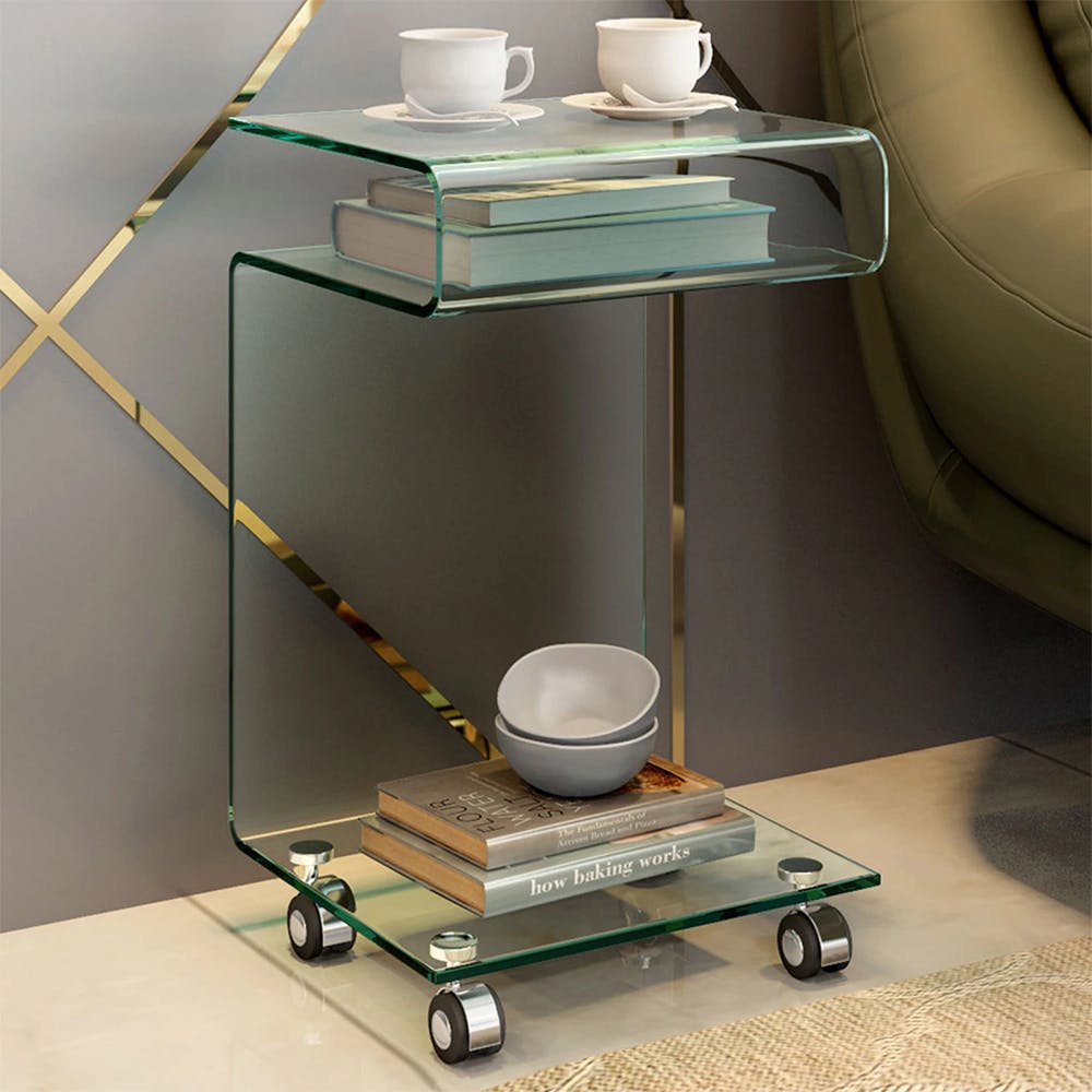 Nora Glass C-Shape End Table in Durian Finish