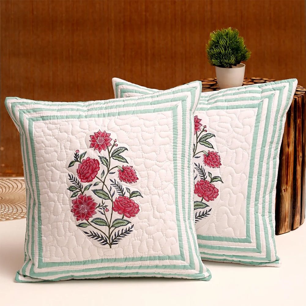 Hand Block Quilted Pure Cotton Floral Cushion Cover Set Of 2