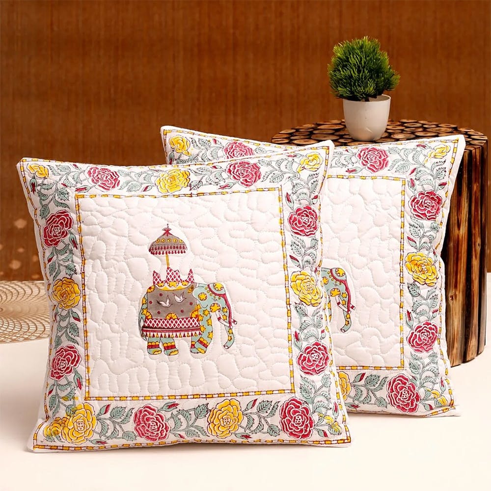 Hand Block Quilted Pure Cotton Animal Printed Cushion Cover Set Of 2