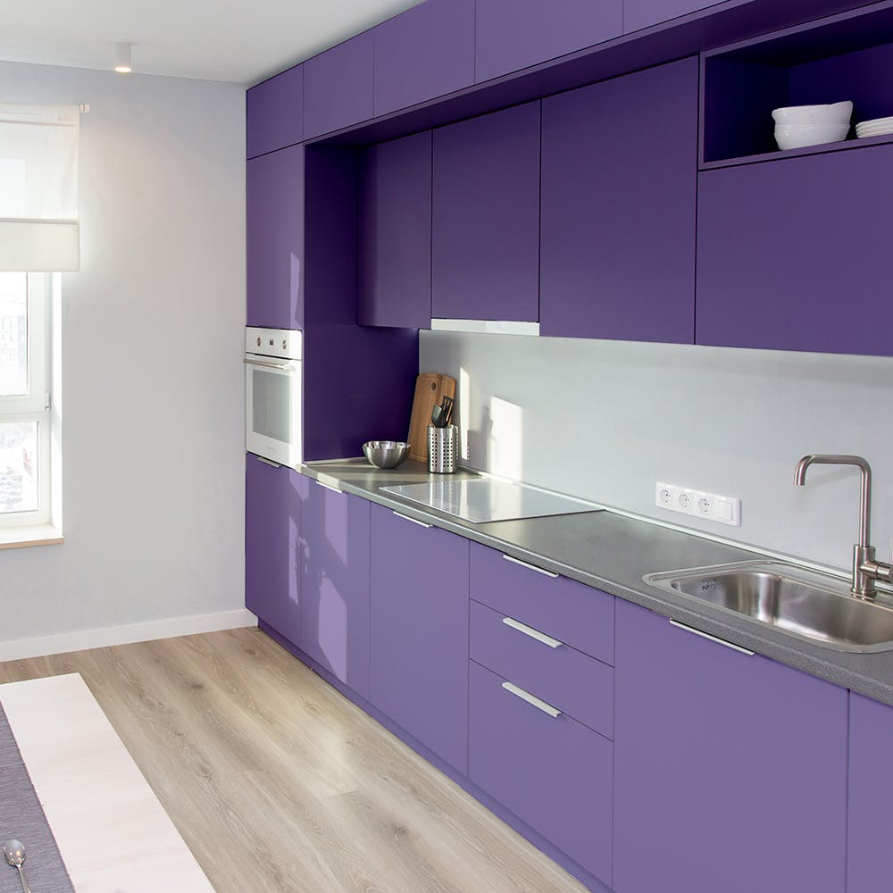 Tap,Cabinetry,Sink,Countertop,Property,Kitchen sink,Purple,Plumbing fixture,Drawer,Interior design