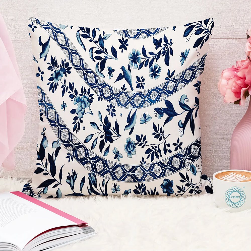 Blue Printed Cotton Canvas Cushion Cover Set Of 5 Combo