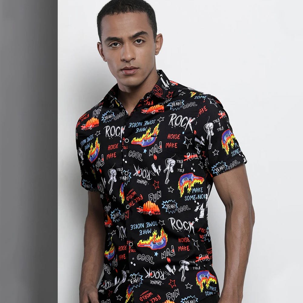 Men's Polyester Black Conversational Printed Shirt