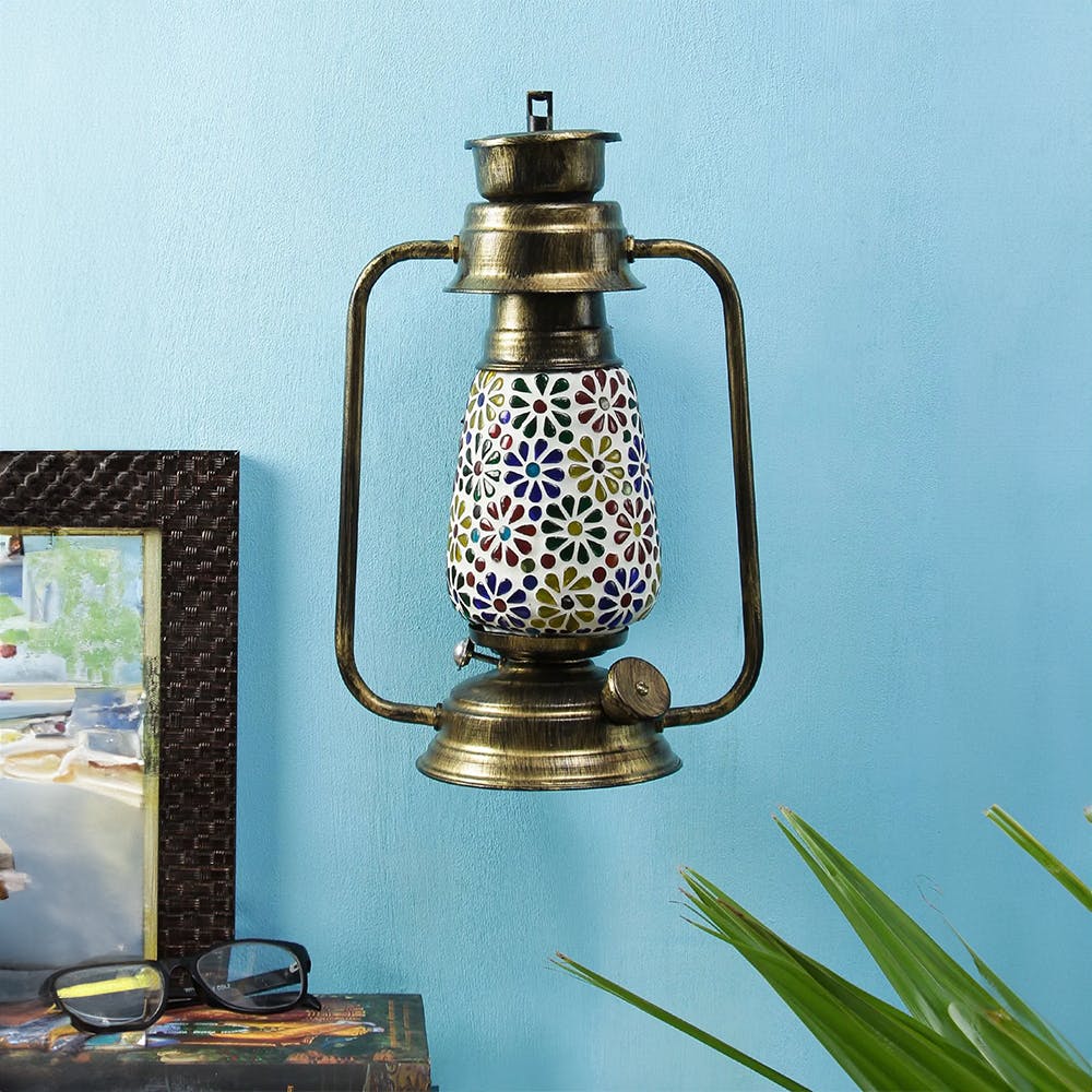 Antique Gold Multicolor Mosaic Glass Wall mounted Lantern