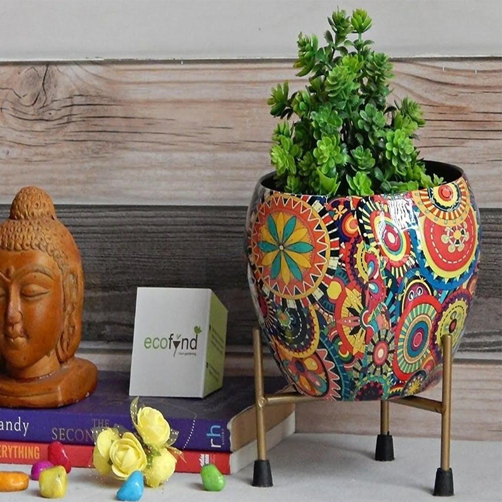 Lio Multicolor Metal Pot With Stand (Set Of 2)