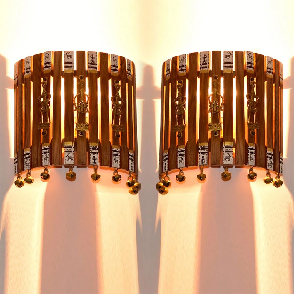 Handcrafted Warli Dhokra Art Flush Mount Wooden Lamp (Set Of 2)