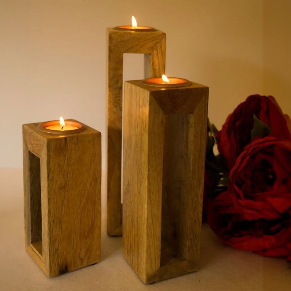 Wooden Tea Light Stand - Hollow - Set Of 3