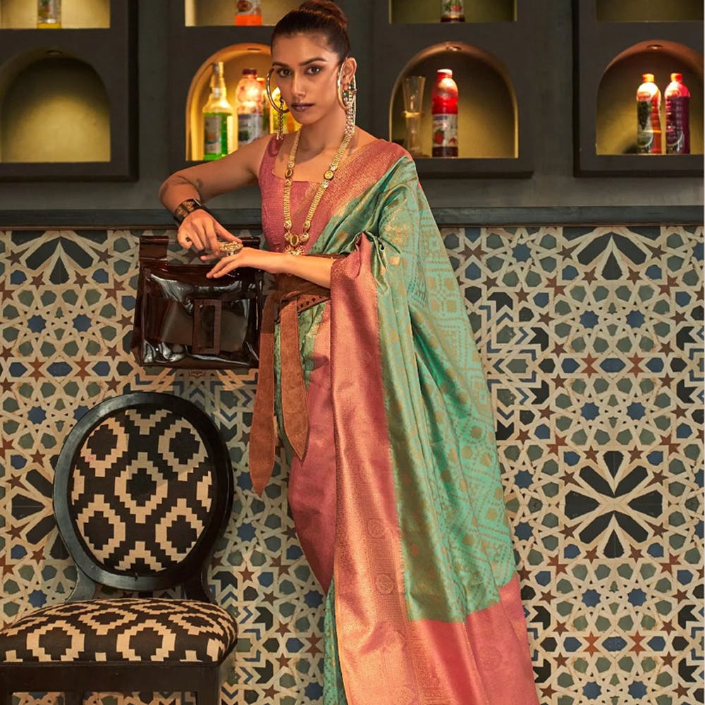Lamon & Pink shade Traditional Look banarasi silk saree