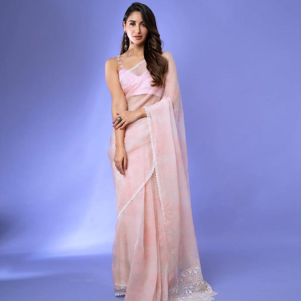 Buy Powder Pink Satin Wrinkle Saree For Women Online - Frontierraas