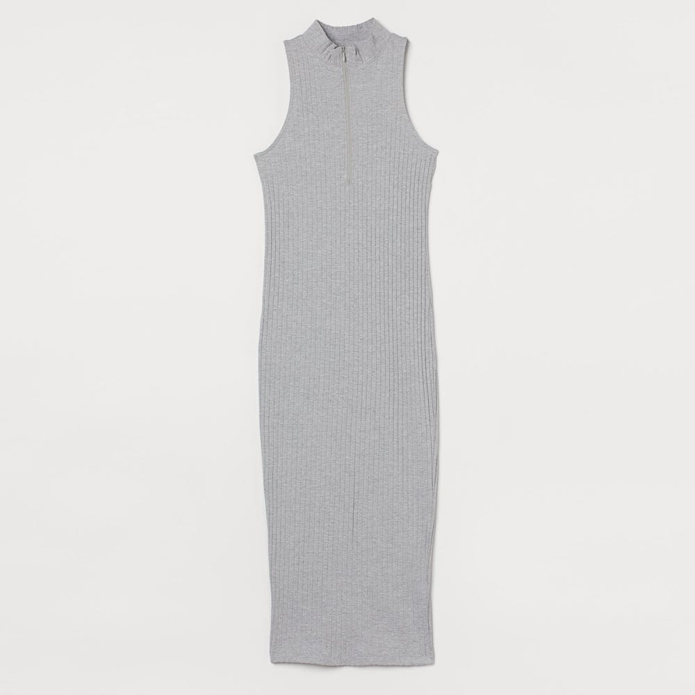 Ribbed Satnd-Up Collar Grey Dress