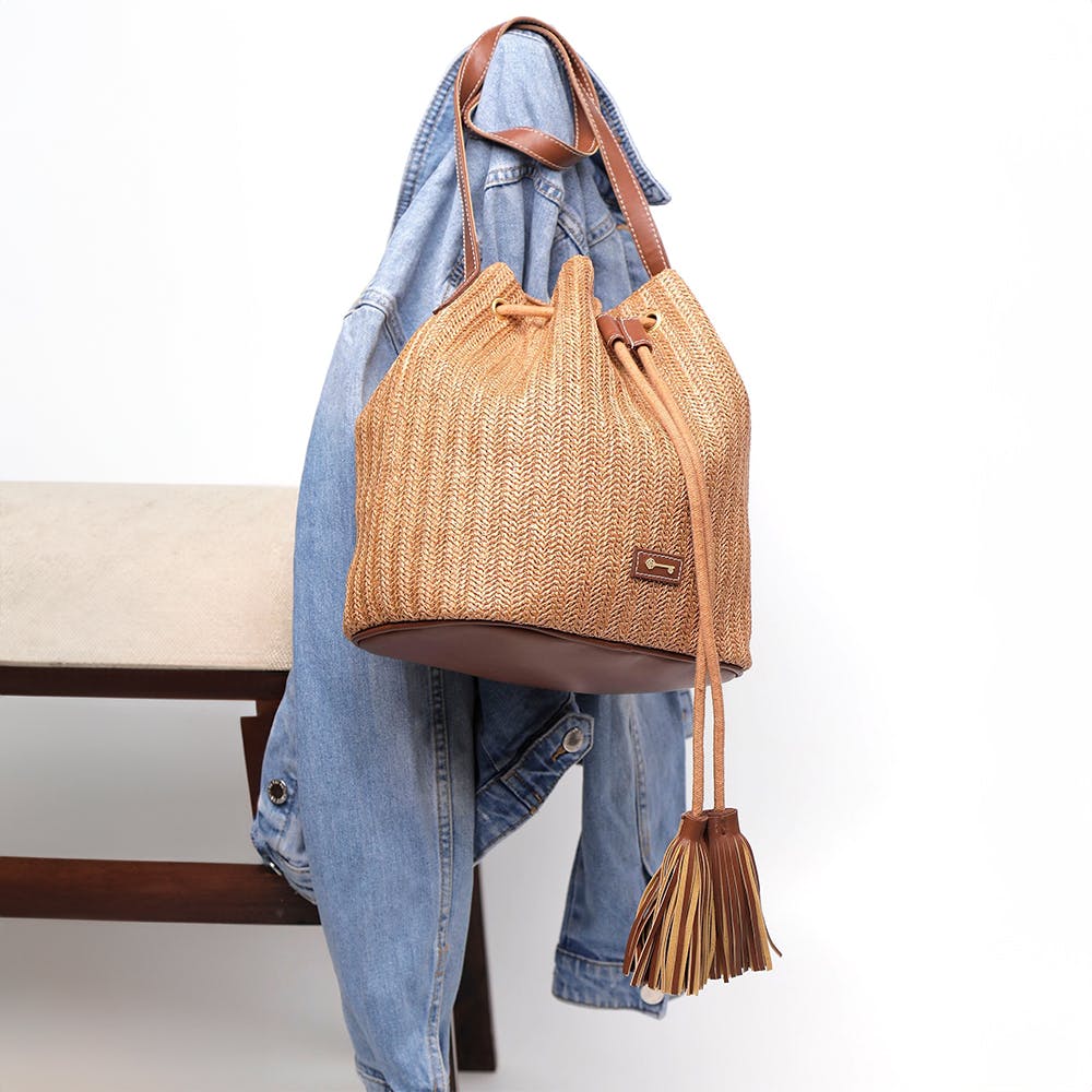 Pecan Brown Raffia Weave Potli Bag