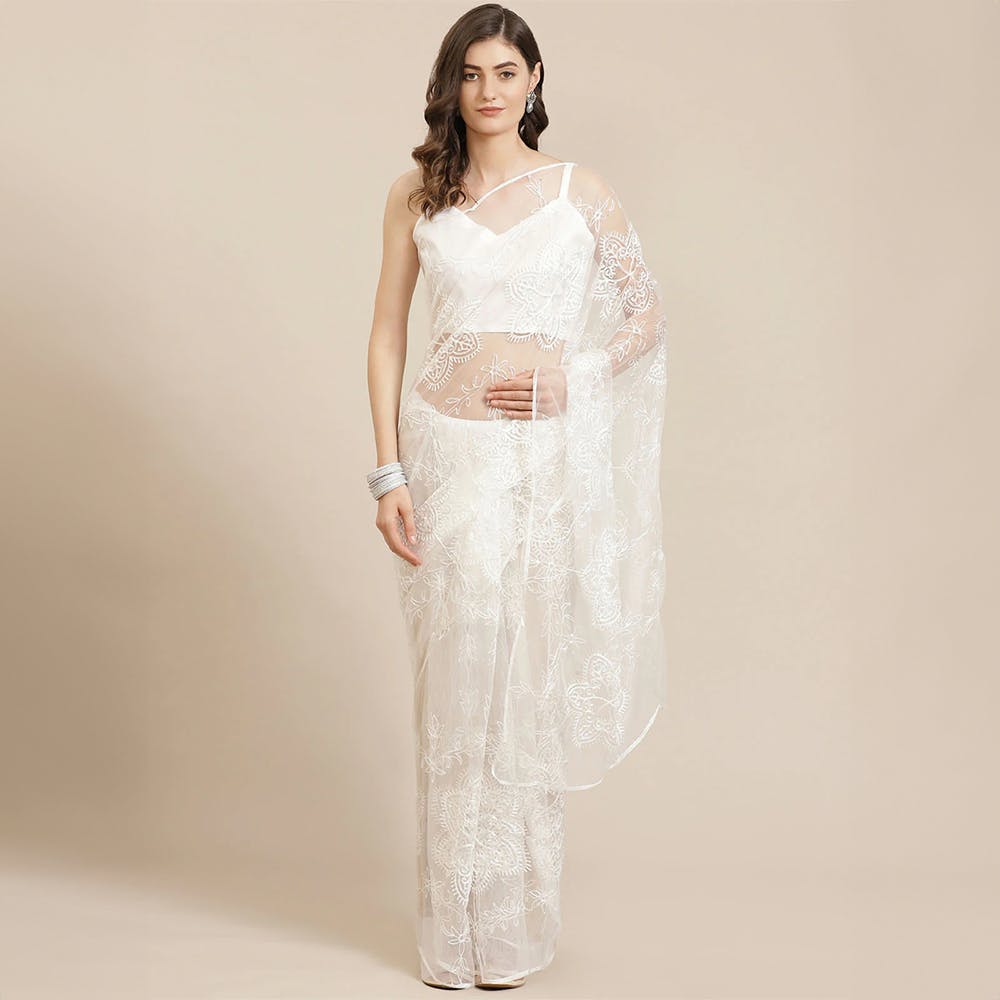 White Floral Embroidered Net Saree