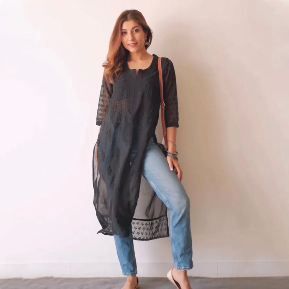 Thrinay collection Women's Cotton Blended Kurti - Women's Stitched Front  Open Long Collared Jean Top Shrug Style