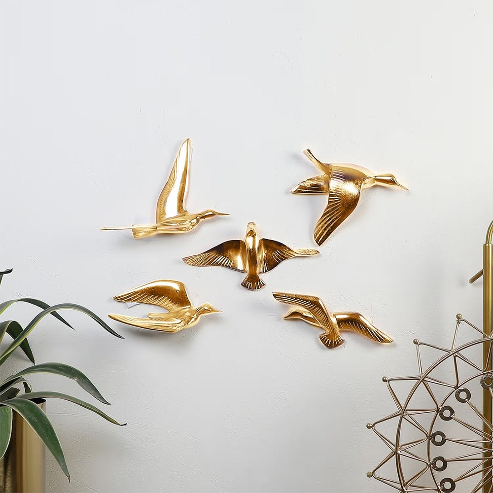 Aluminium Gold Bird Wall Decor (Set of 5)