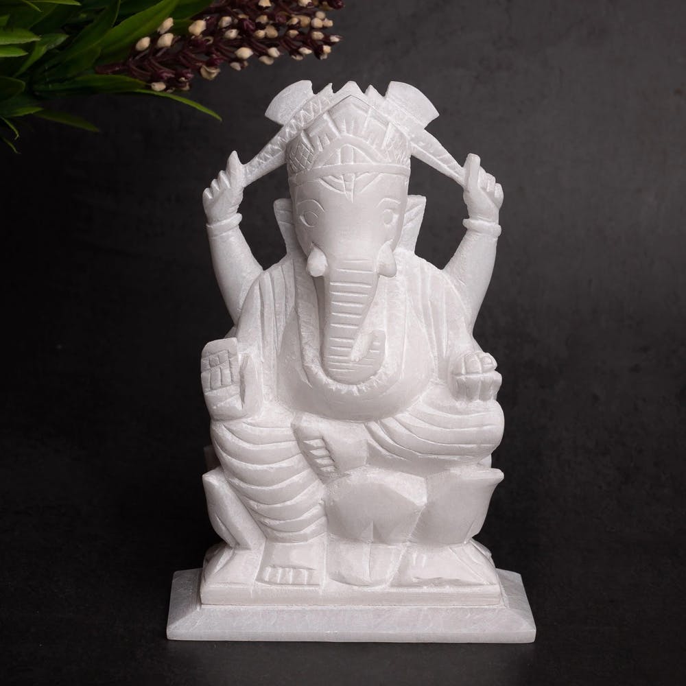 White Marble Lord Ganesh Statue - 6 inches height