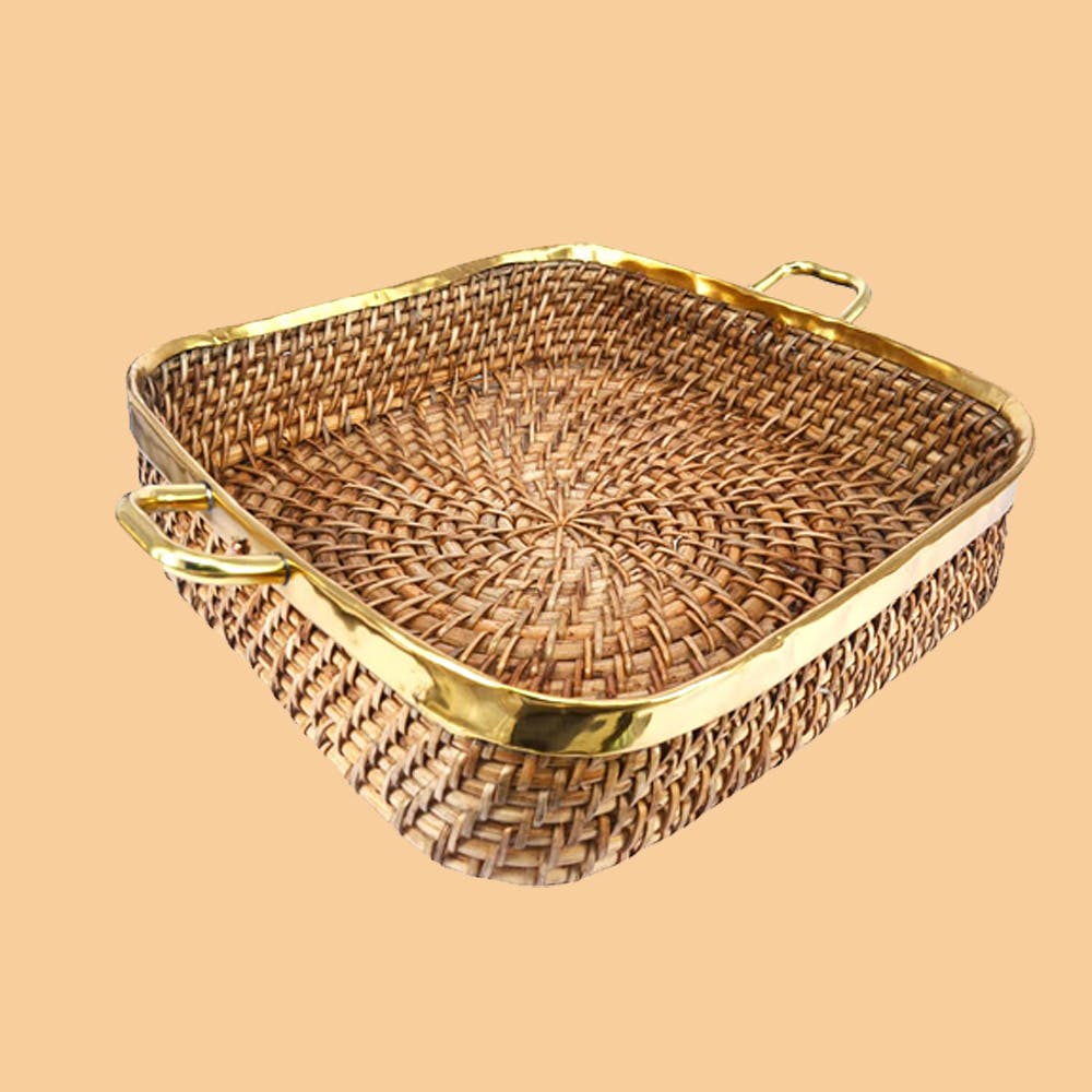 Square Handle Cane Serving Basket with Brass Rim-Beige