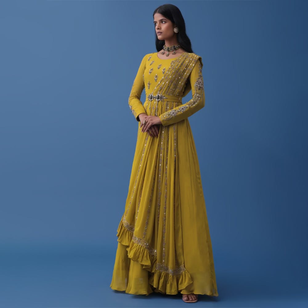 Ochre Yellow Embroidered Anarkali And Multiway Draped Dupatta Set