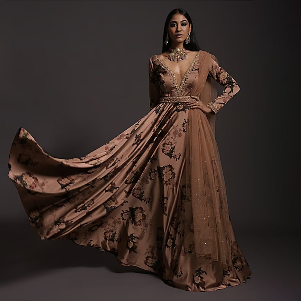 Copper Peach Anarkali Suit In Milano With Floral Print