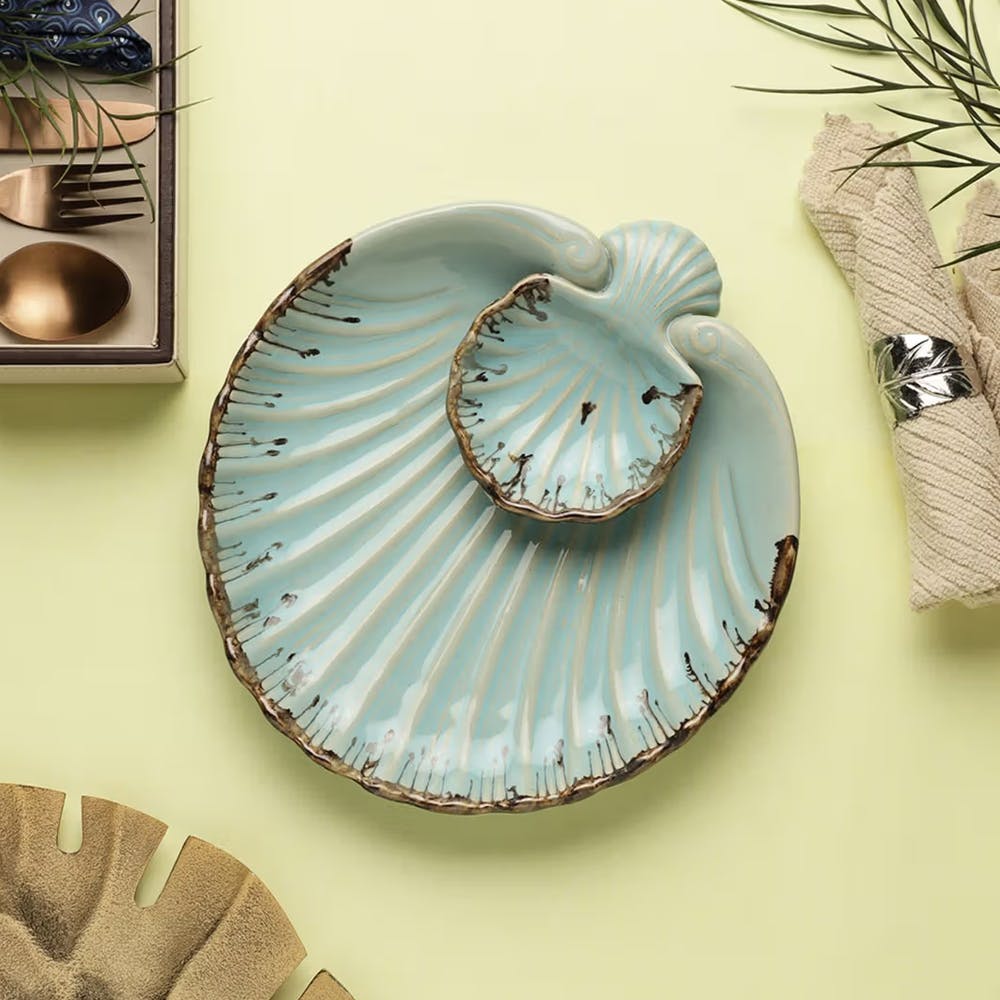 Tranquil Blue Ceramic Round Petal Chip N Dip Serving Platter