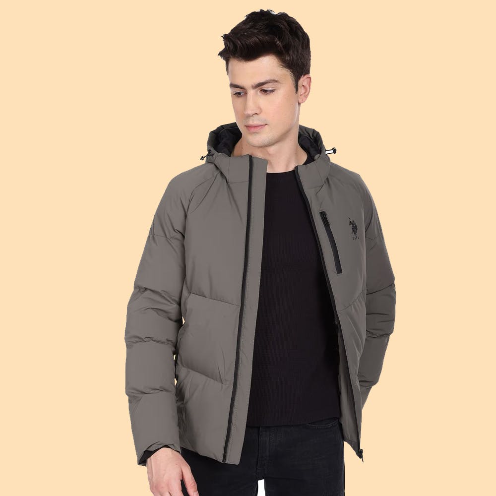 Men Dark Grey Hooded Solid Heat Tech Puffer Jacket