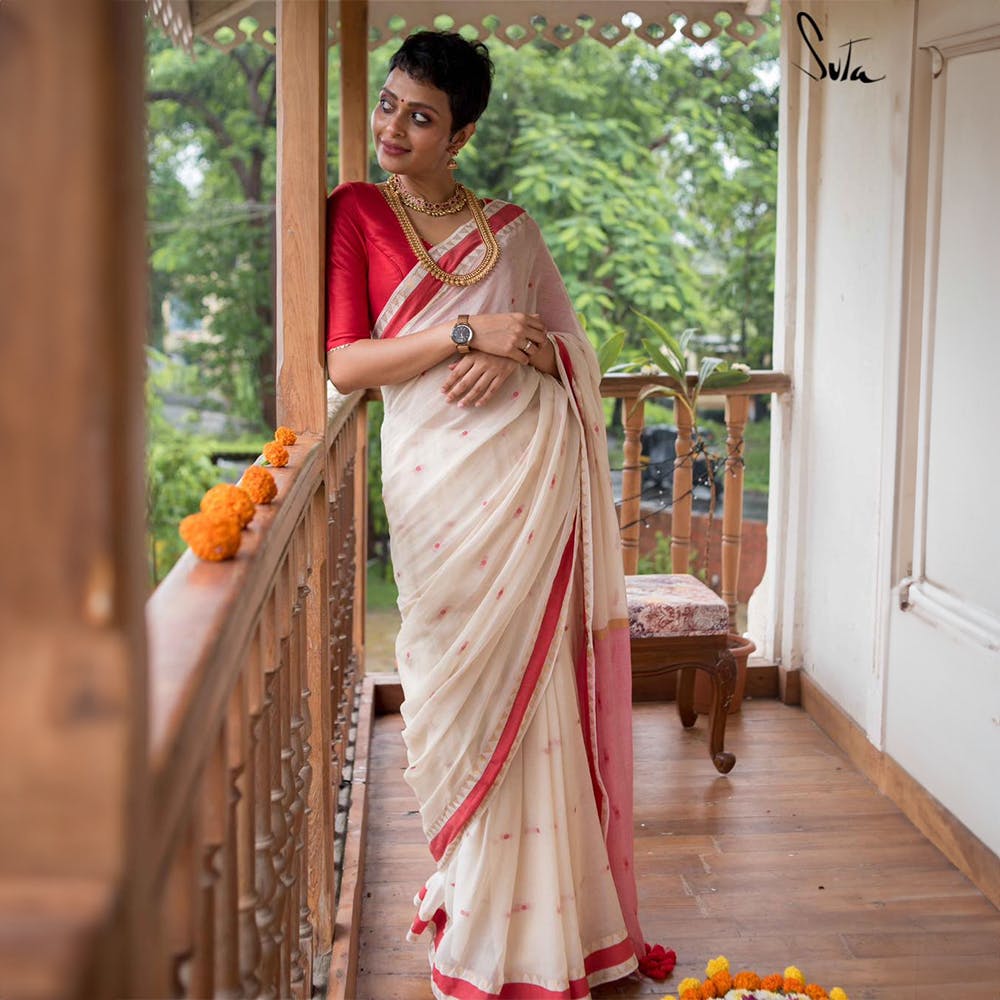 Bengali Saree Red and White | Pure Cotton Silk Saree With Red White Garad  Silk