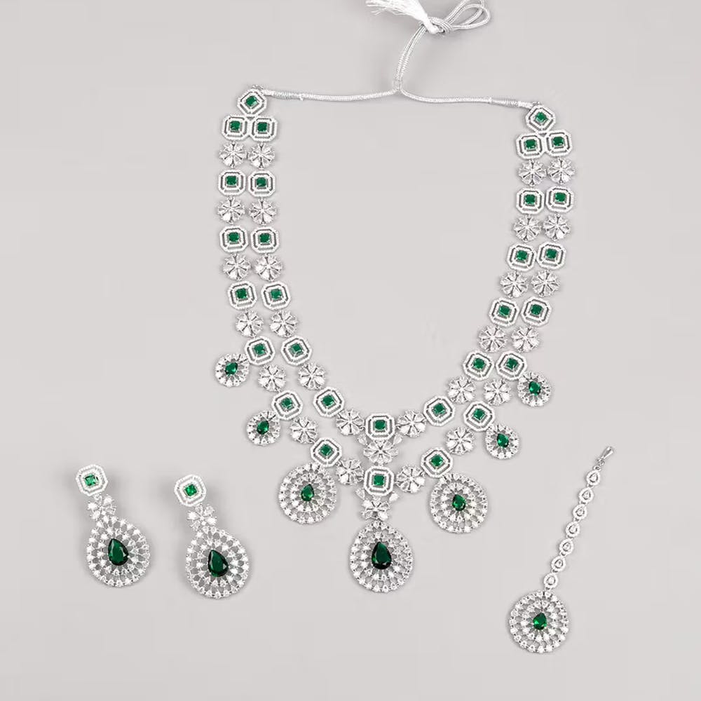Attractive Emerald Green Two Tiered Long Necklace (Set of 3)