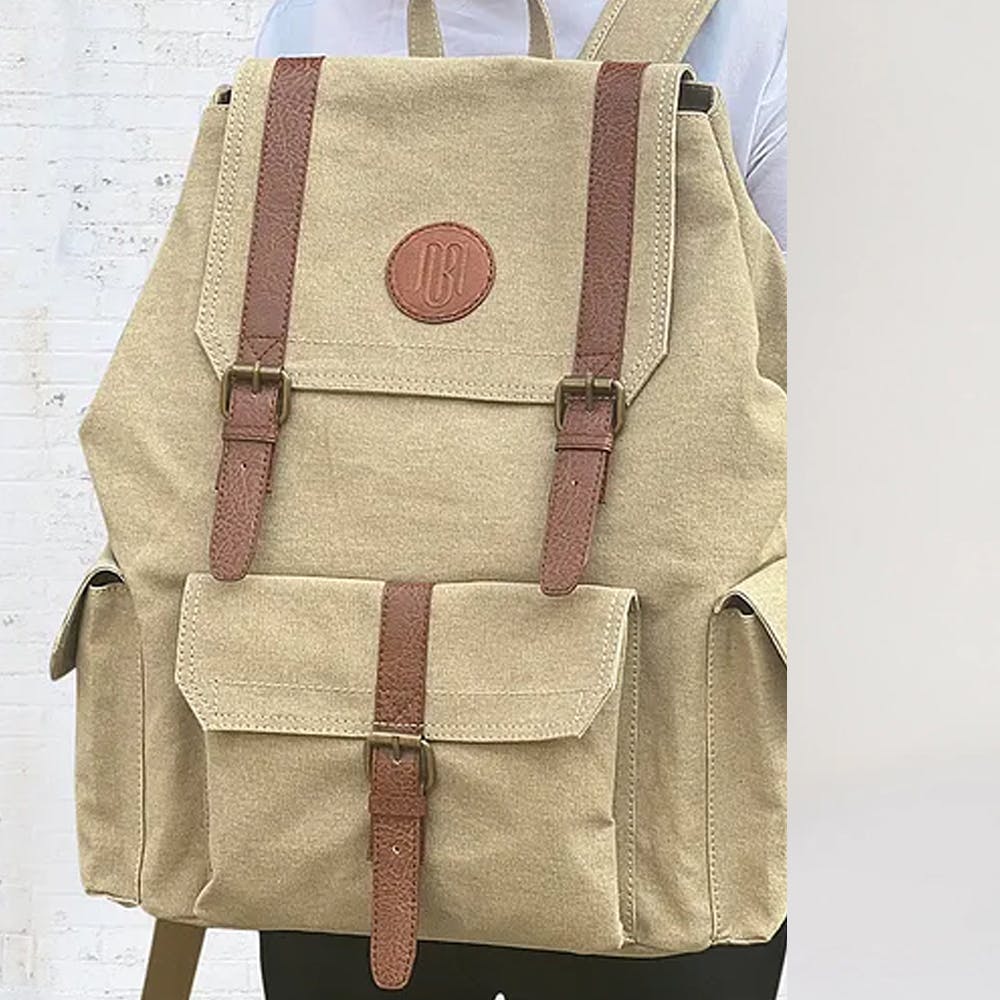 Beige Handcrafted Canvas Vegan Leather Backpack