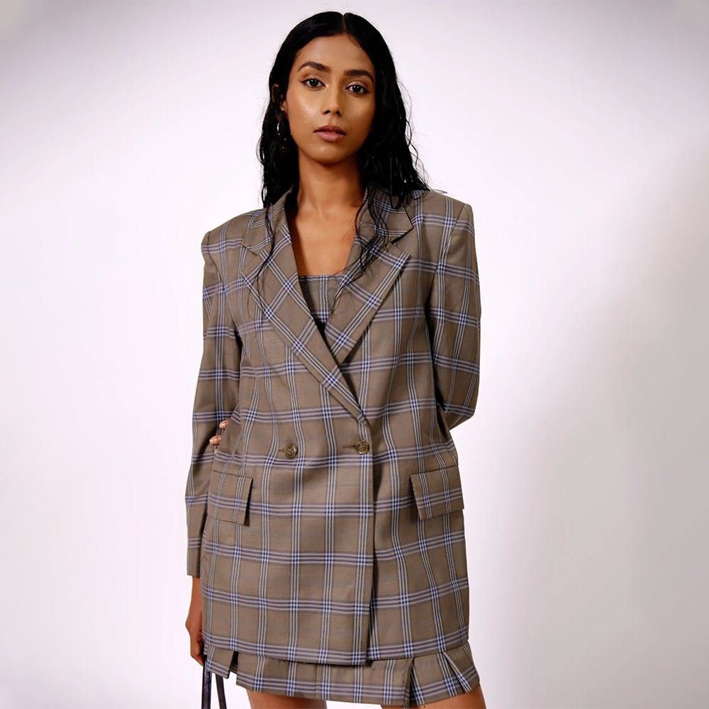 Brown Checkered Double Breasted Blazer