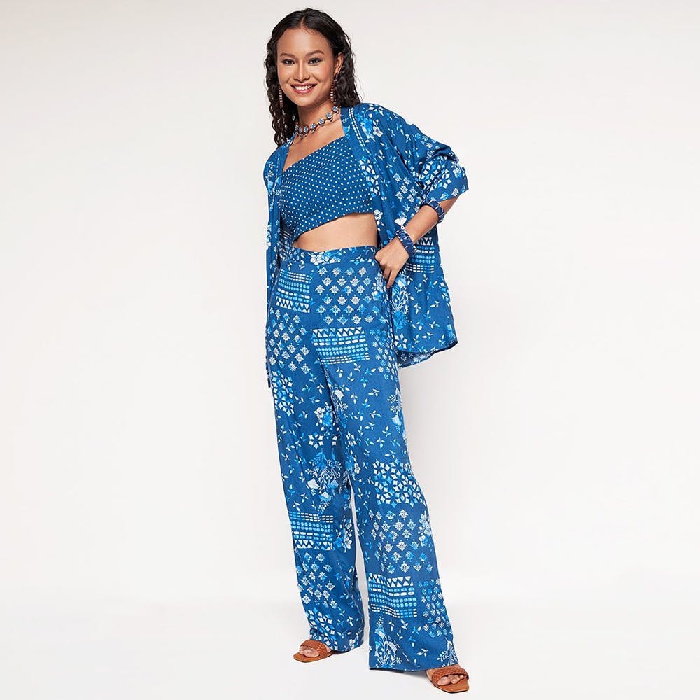 Blue kaftan and trouser set- set of two by Keva