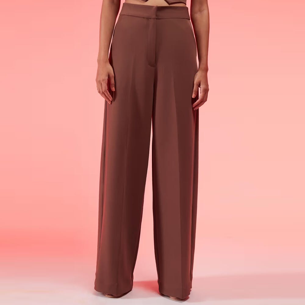 Brown Solid High Waist Wide Leg Trousers