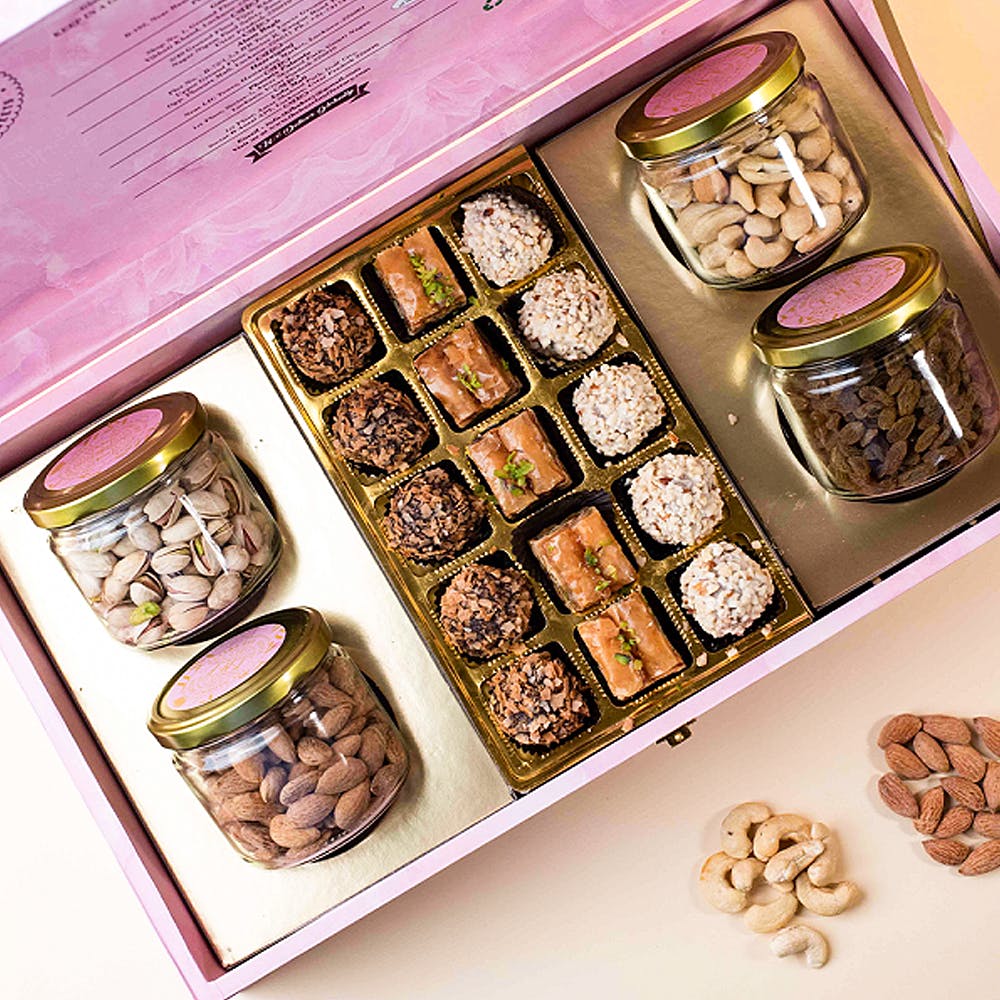 Assorted Wooden Box - 3 Jars & Sweets
