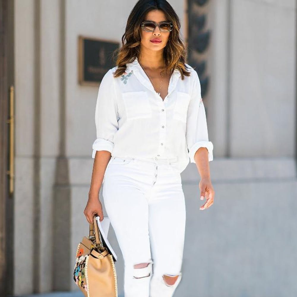 White Crew-neck T-shirt with Flare Pants Outfits (8 ideas