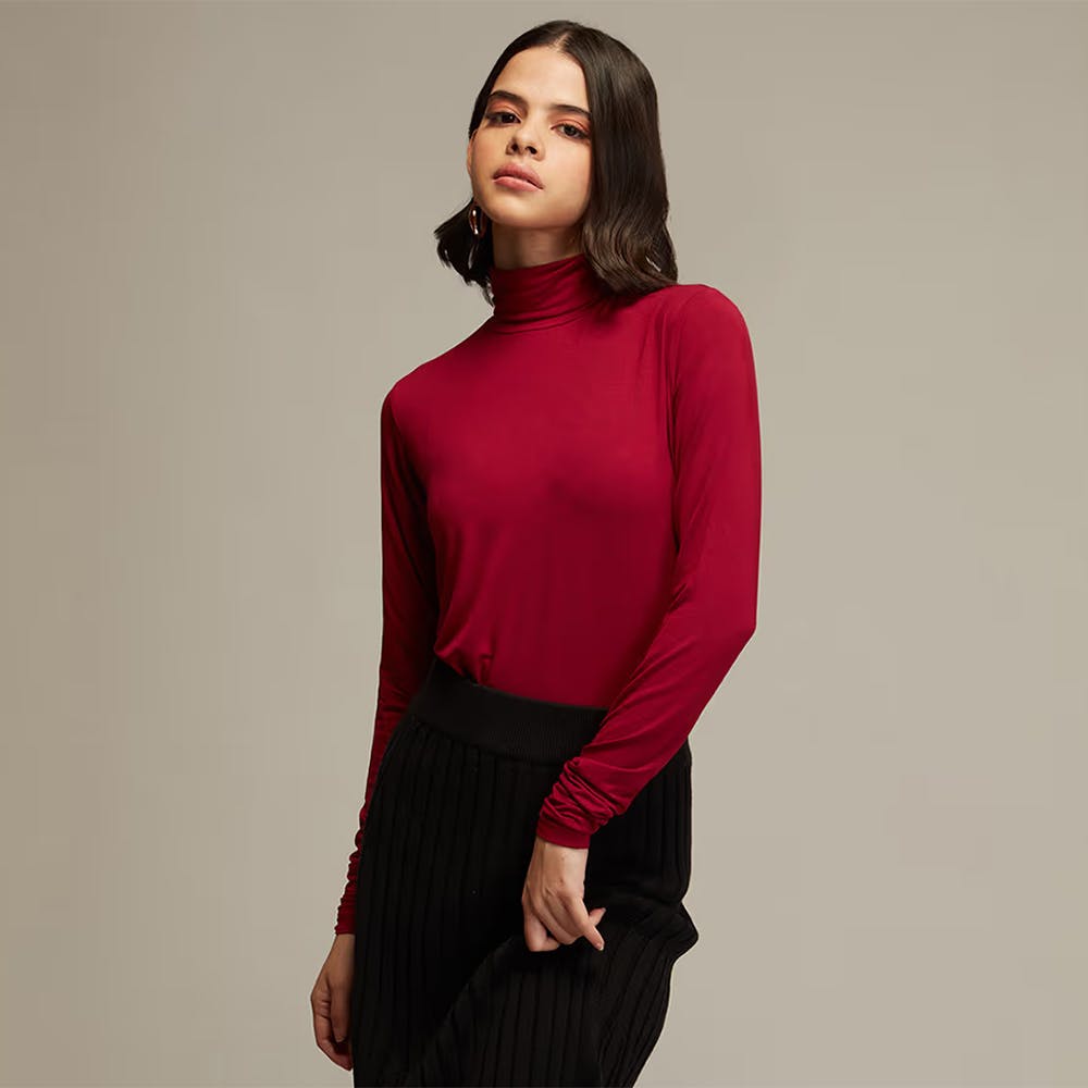 Basics Wine Solid High Neck T-shirt