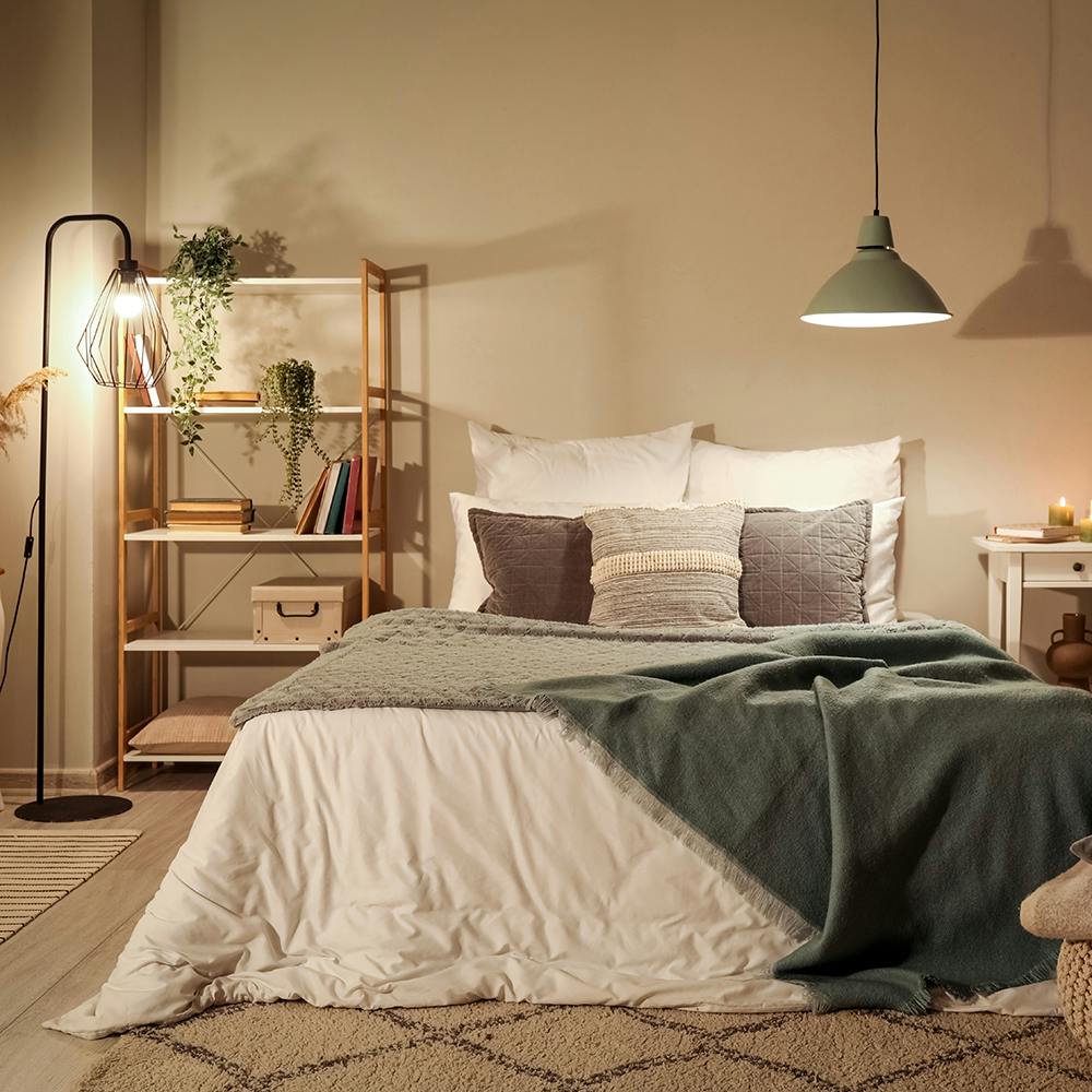 Furniture,Building,Comfort,Plant,Wood,Bed frame,Textile,Interior design,Lighting,Lamp