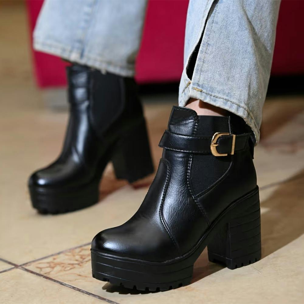 Black Platform Heeled Boots With Buckles