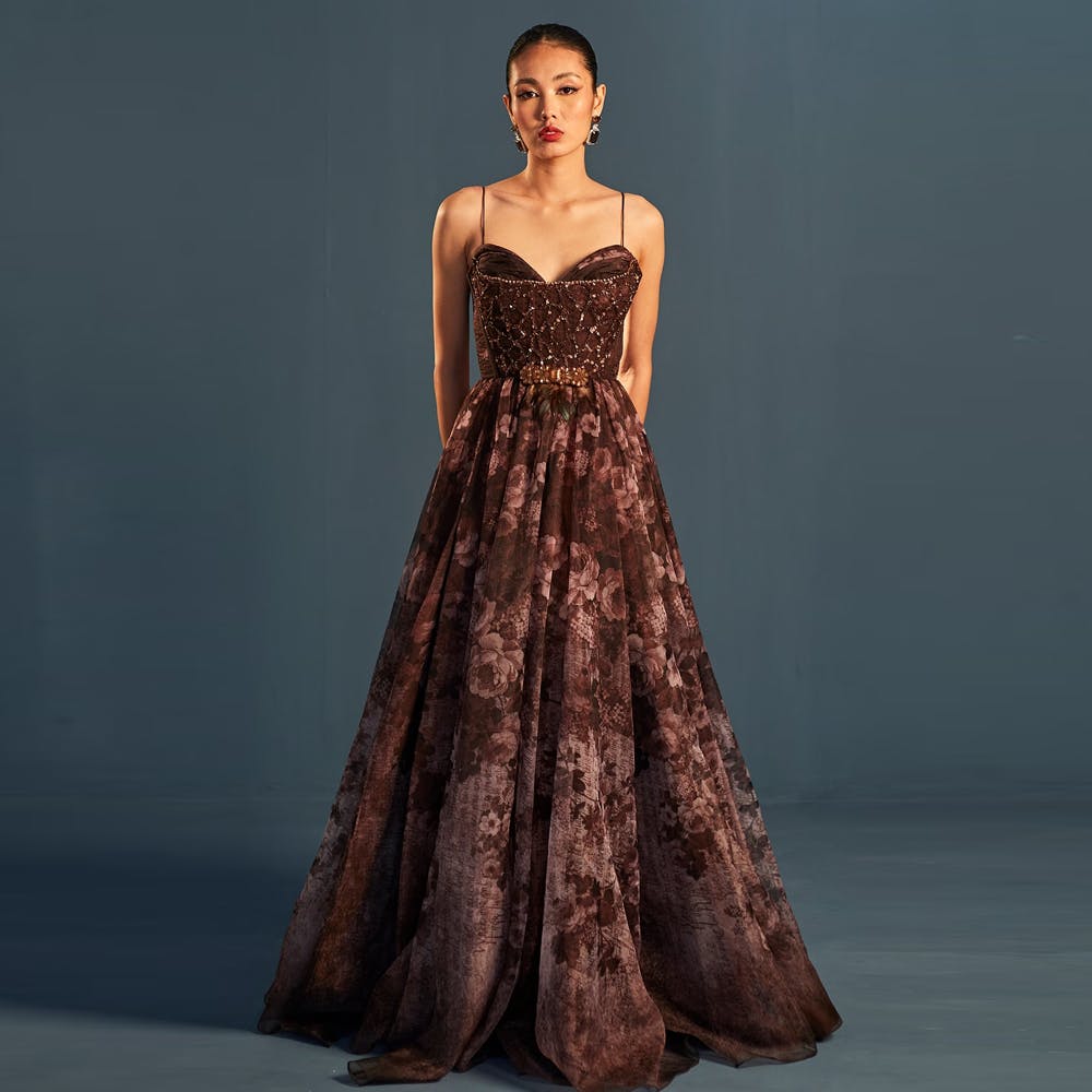 Brown Organza Printed Sequin Embroidered Gown