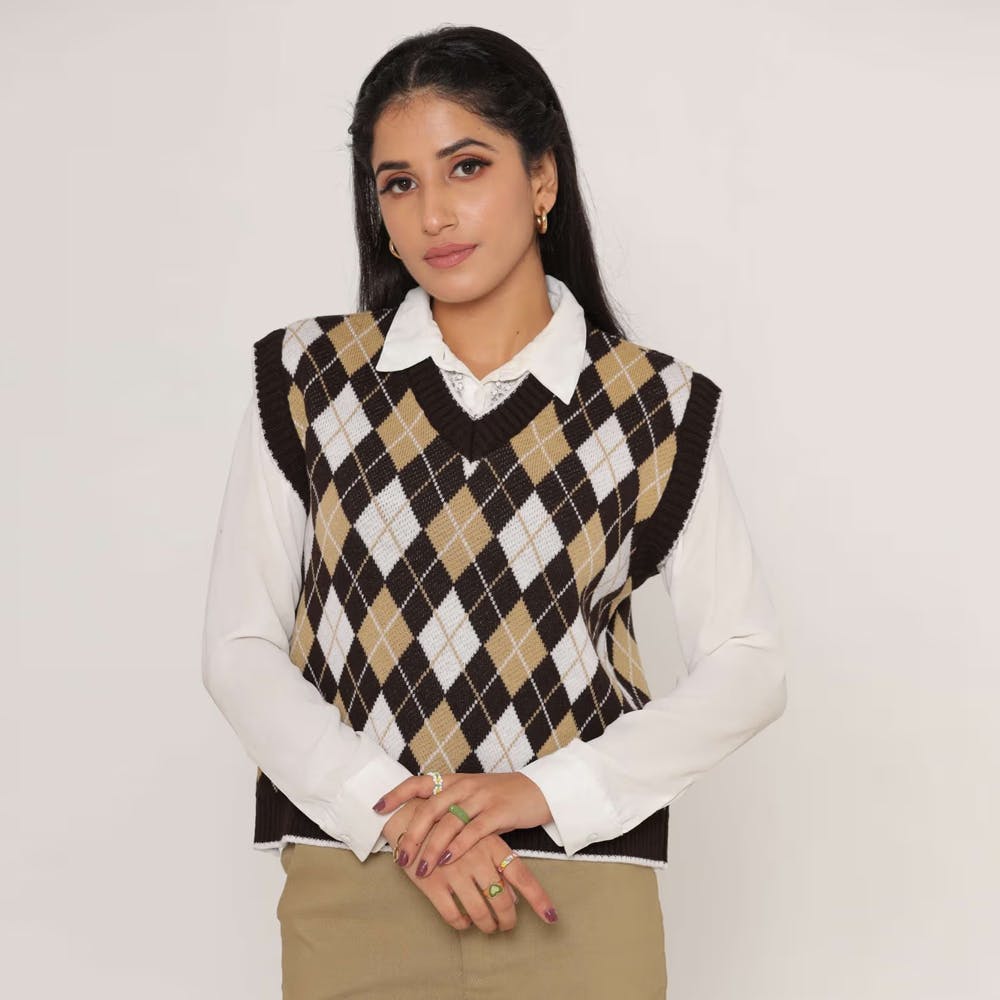 Stylish Oversized Checkered V-neck Sweater Vest For Women