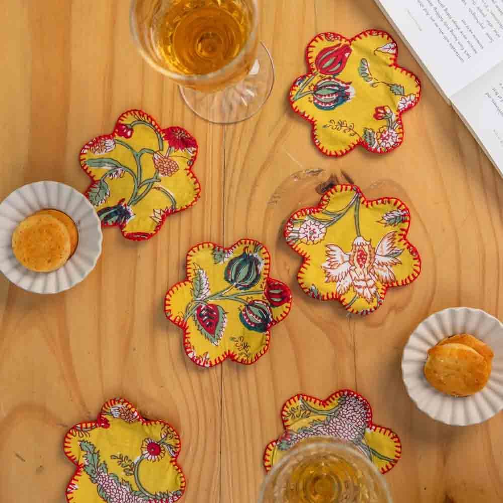 Yellow Floral Flower Shape Coaster Set of 6