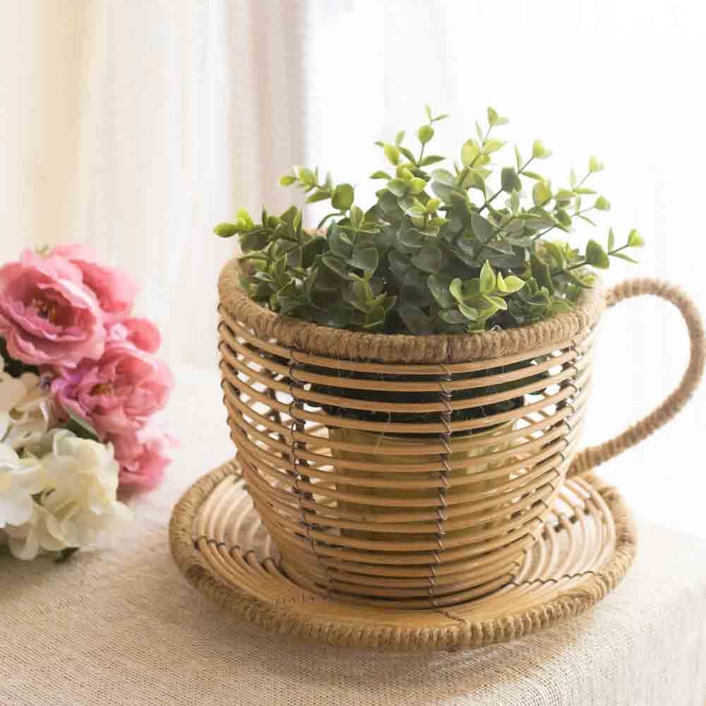 Multipurpose Beige Tea Cup Rattan Planter