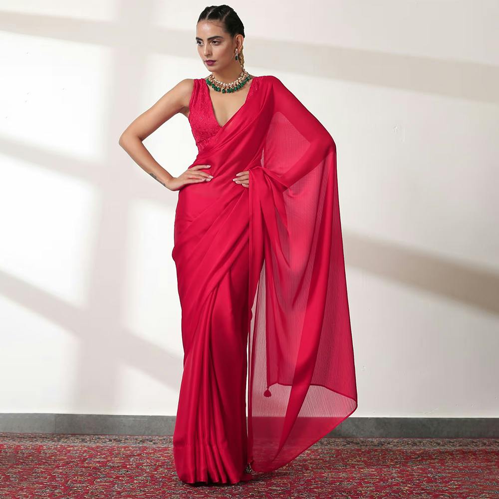 Ruby Red Chiffon Saree With Unstitched Blouse