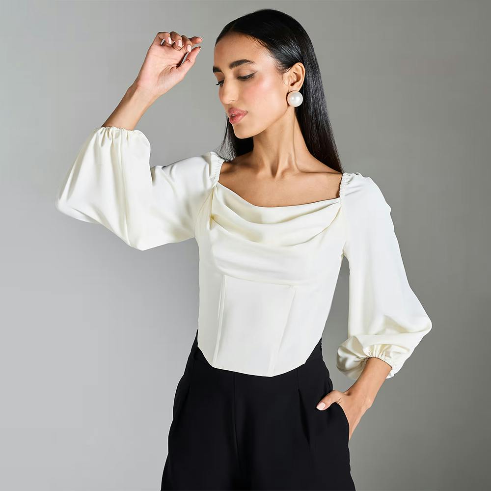 White Solid Cowl Neck Puff Sleeve Crop Top