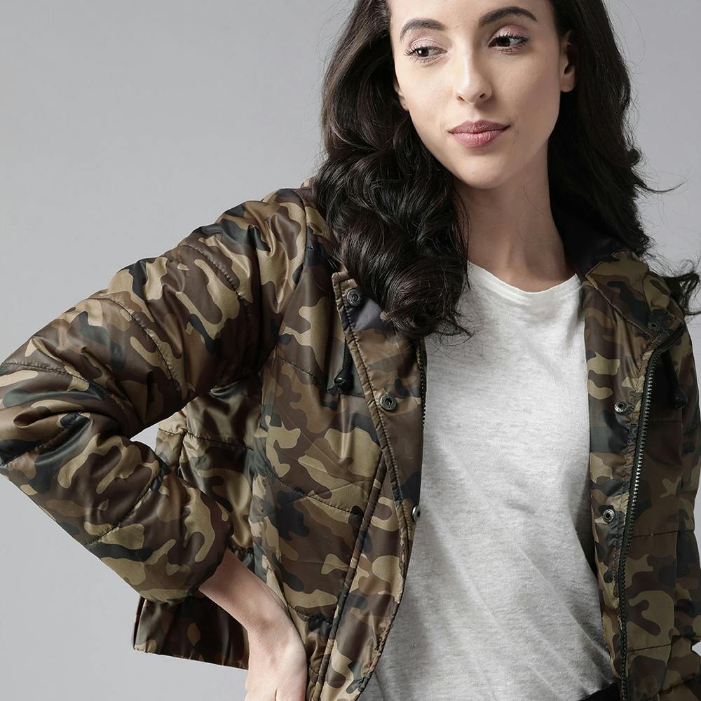 Women Olive Green & Brown Camouflage Print Cropped Hooded Tailored Jacket